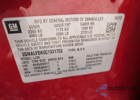 2012 Chevrolet Equinox Ltz из США, поврежденный, VIN 2GNALFEK0C1331752